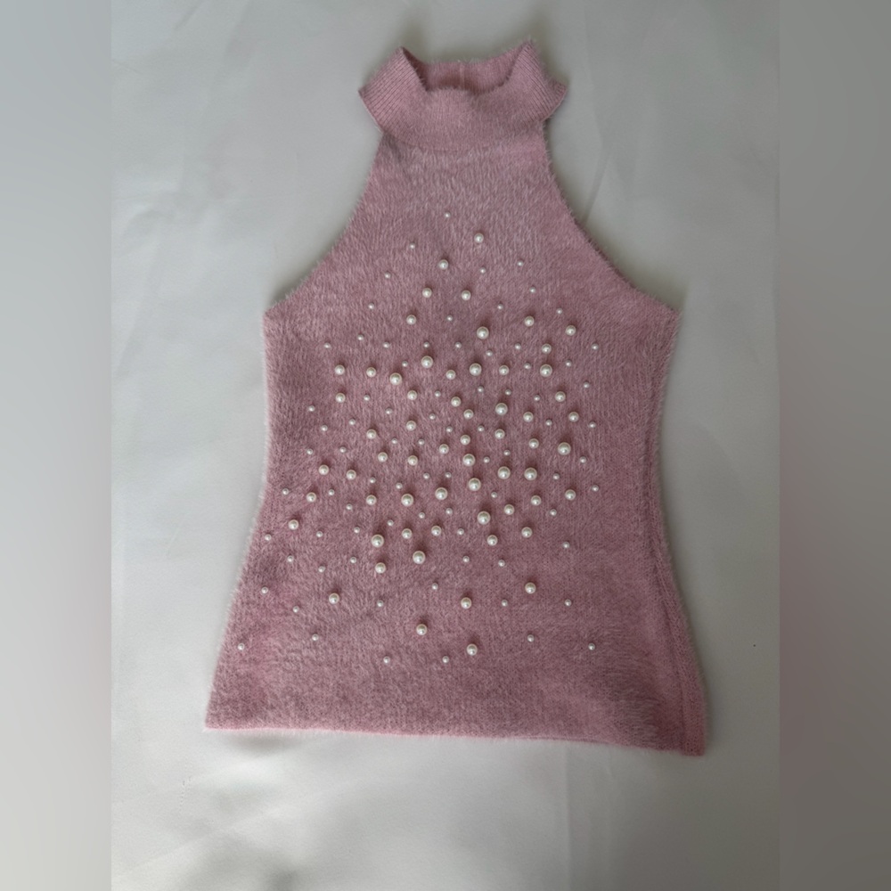 Zara Pink Knit Sleeveless Top with Pearl Details